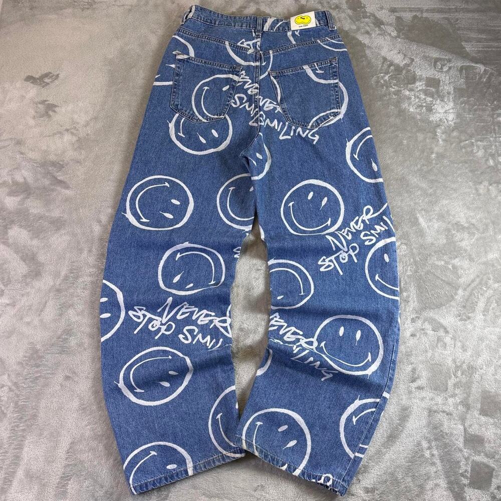 H&M Smiley Face Jeans Womens 4 Blue AOP Denim Never Stop Smiling Graphic